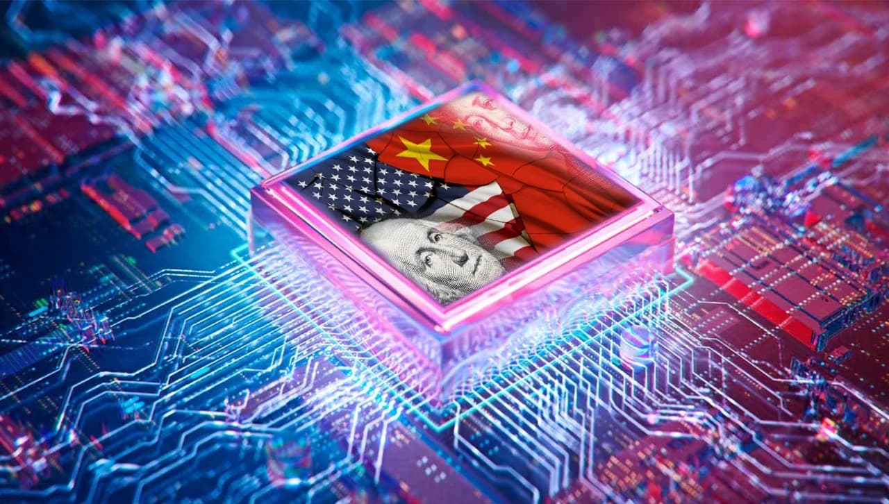 Un chip con un dibujo de una bandera de estados unidos y una de china