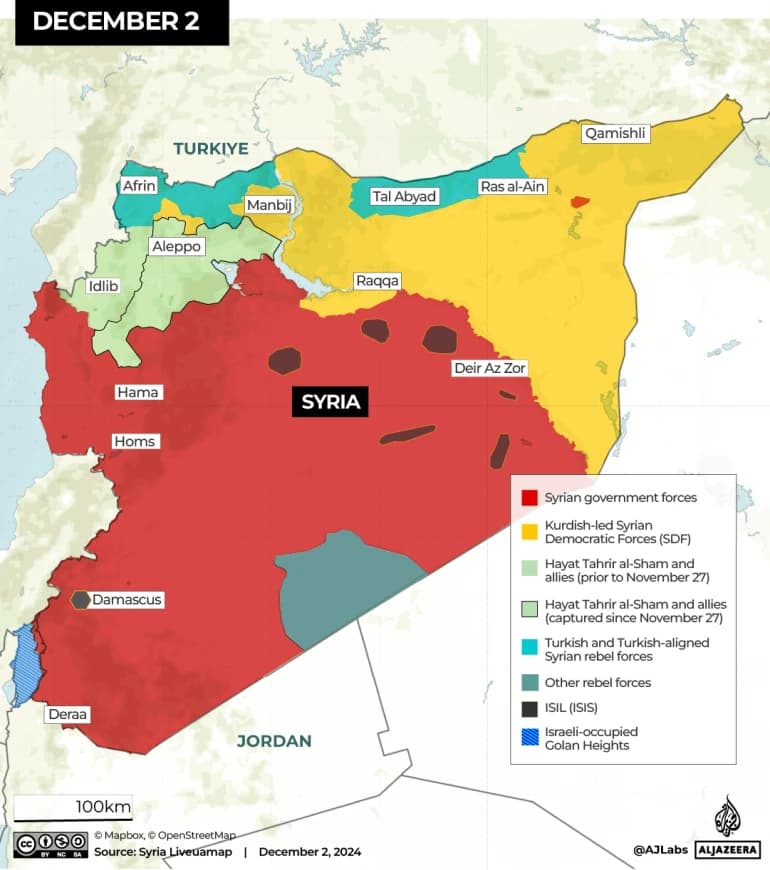 Mapa de siria para diciembre 2 del 2024.