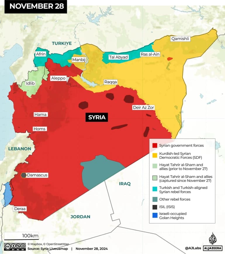 Mapa de siria para noviembre 28 del 2024.