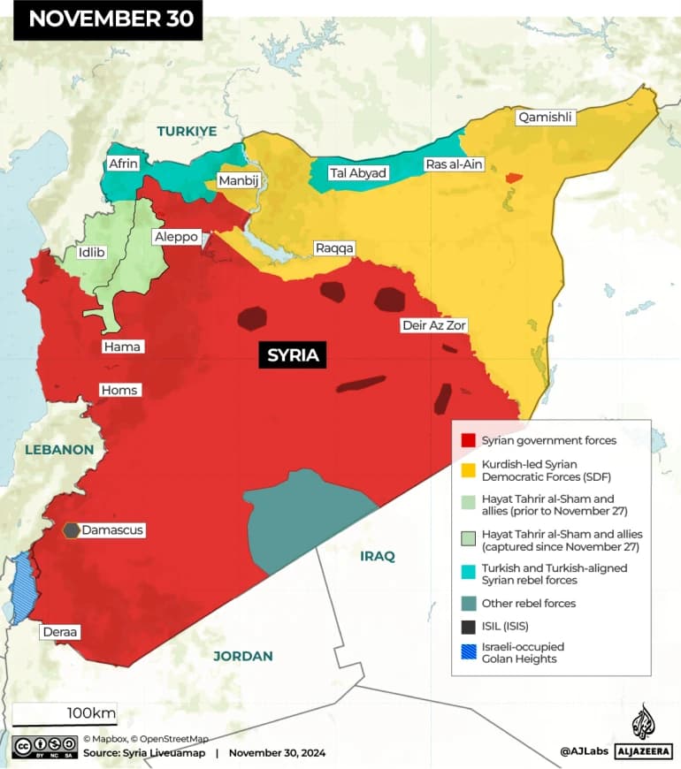 Mapa de siria para noviembre 30 del 2024.