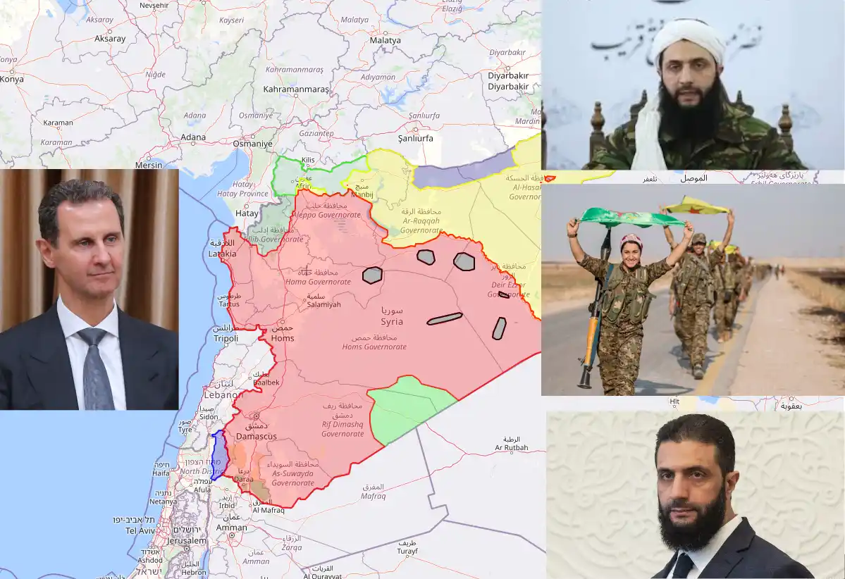 Mapa de siria con Bashar al-Assad, Ahmed al-Charaa y el YPJ
